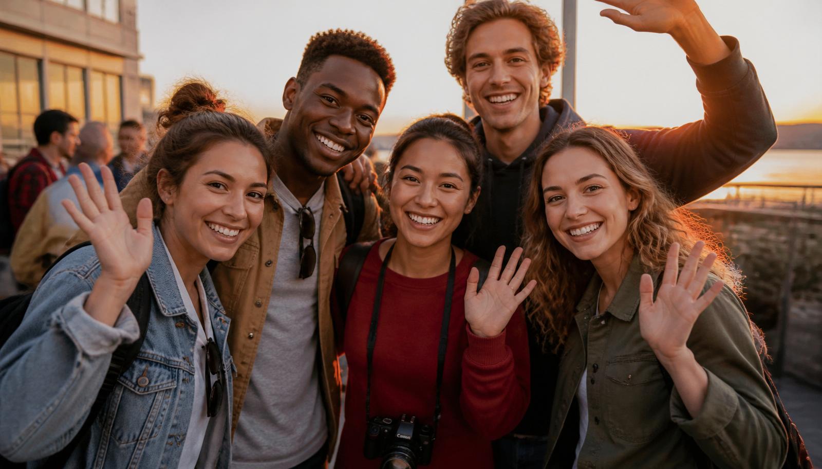 Diverse group of friends waving hello